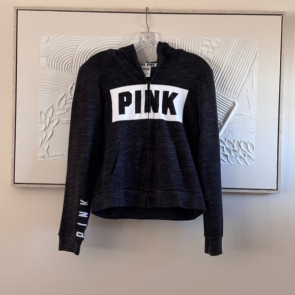 Victoria's Secret Pink Women's Black Full Zip Hoodie Logo SZ M Front Pockets - Picture 1 of 9